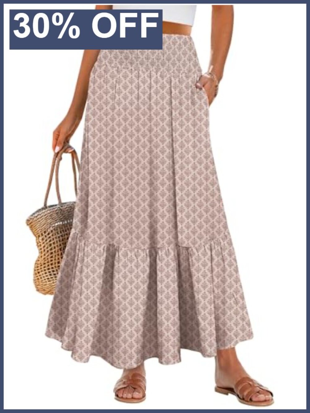 Women Boho Floral Maxi Skirt High Waisted Tiered Flowy Beach with Pockets